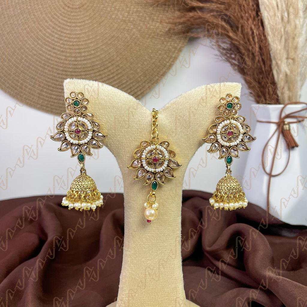 Vintage Royal Polki Copper Earring & Tikka Set