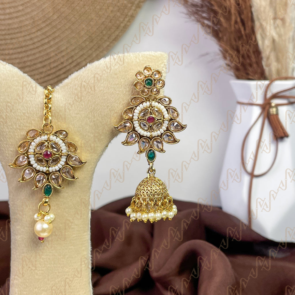 Vintage Royal Polki Copper Earring & Tikka Set