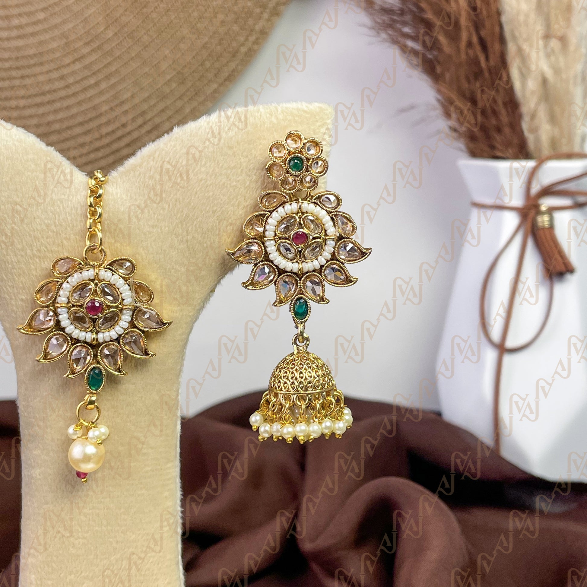 Vintage Royal Polki Copper Earring & Tikka Set