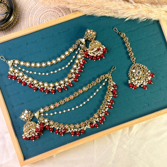 Ruby maroon triple chain Tikka Sahara Kundan Earrings