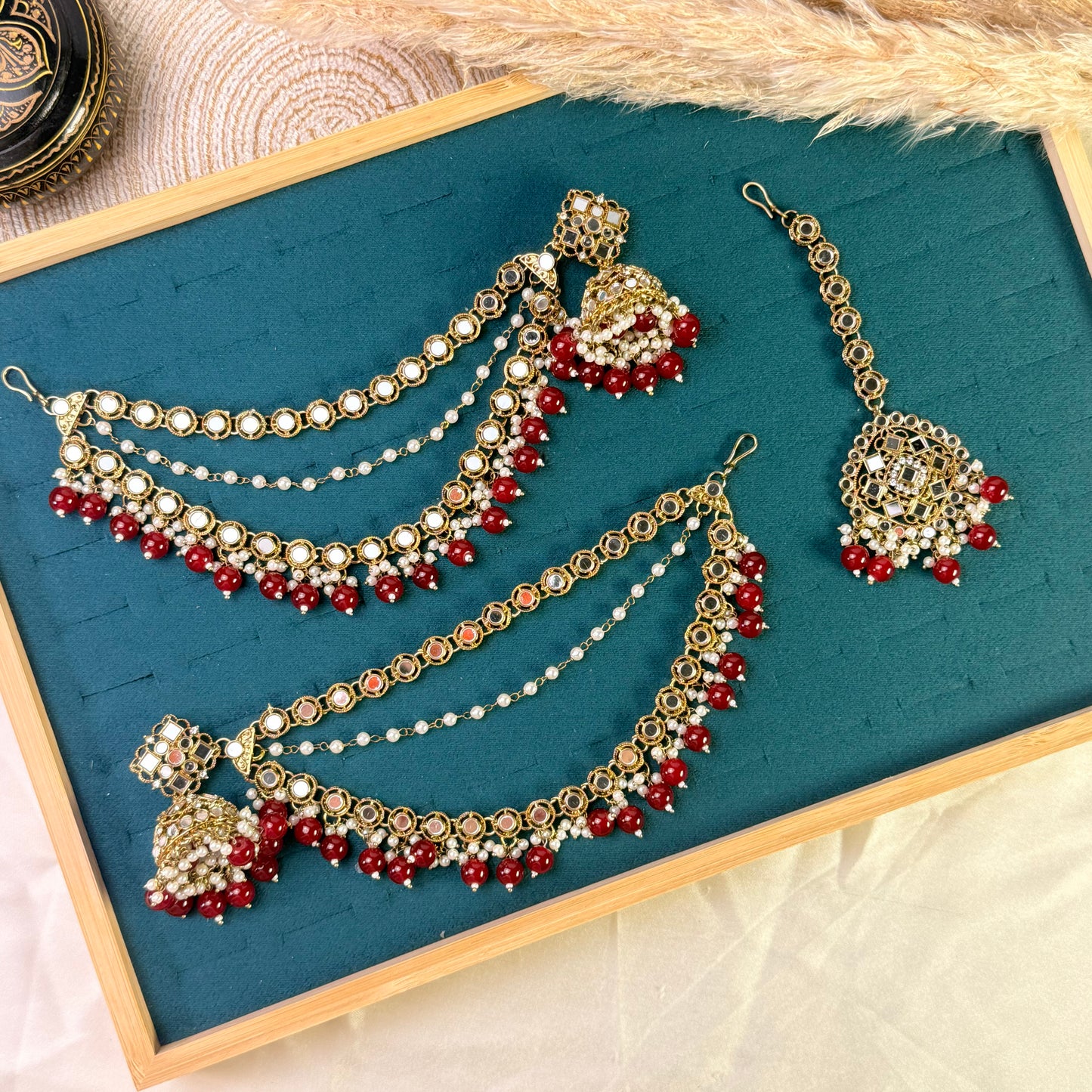 Ruby maroon triple chain Tikka Sahara Kundan Earrings