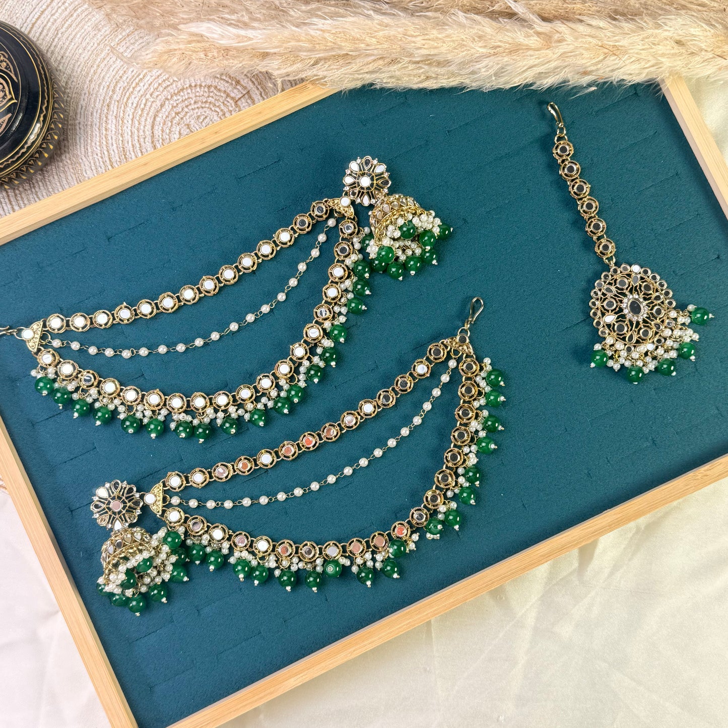 Emerald green layered Tikka Sahara Kundan Earrings