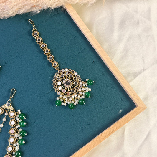 Emerald green layered Tikka Sahara Kundan Earrings