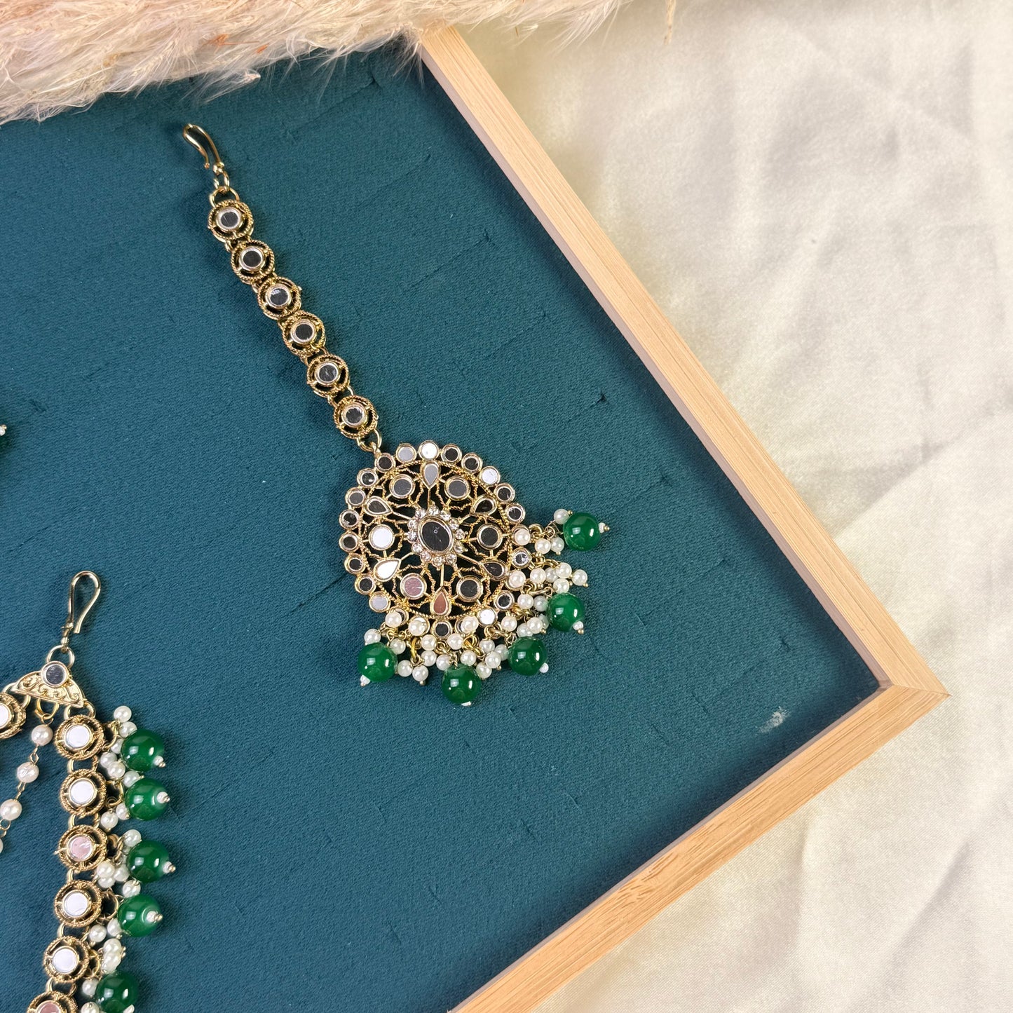 Emerald green layered Tikka Sahara Kundan Earrings
