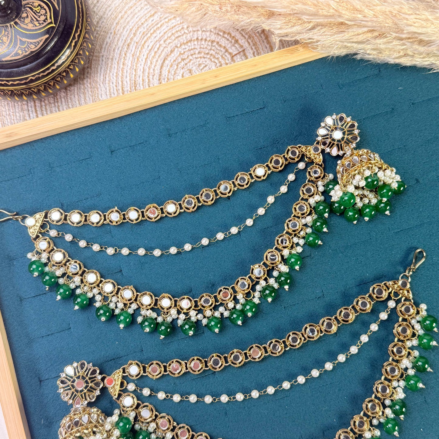 Emerald green layered Tikka Sahara Kundan Earrings