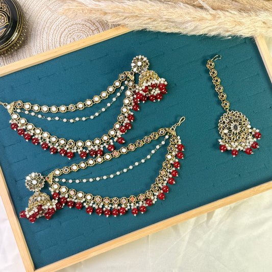 Maroon red layered Tikka Sahara Kundan Earrings