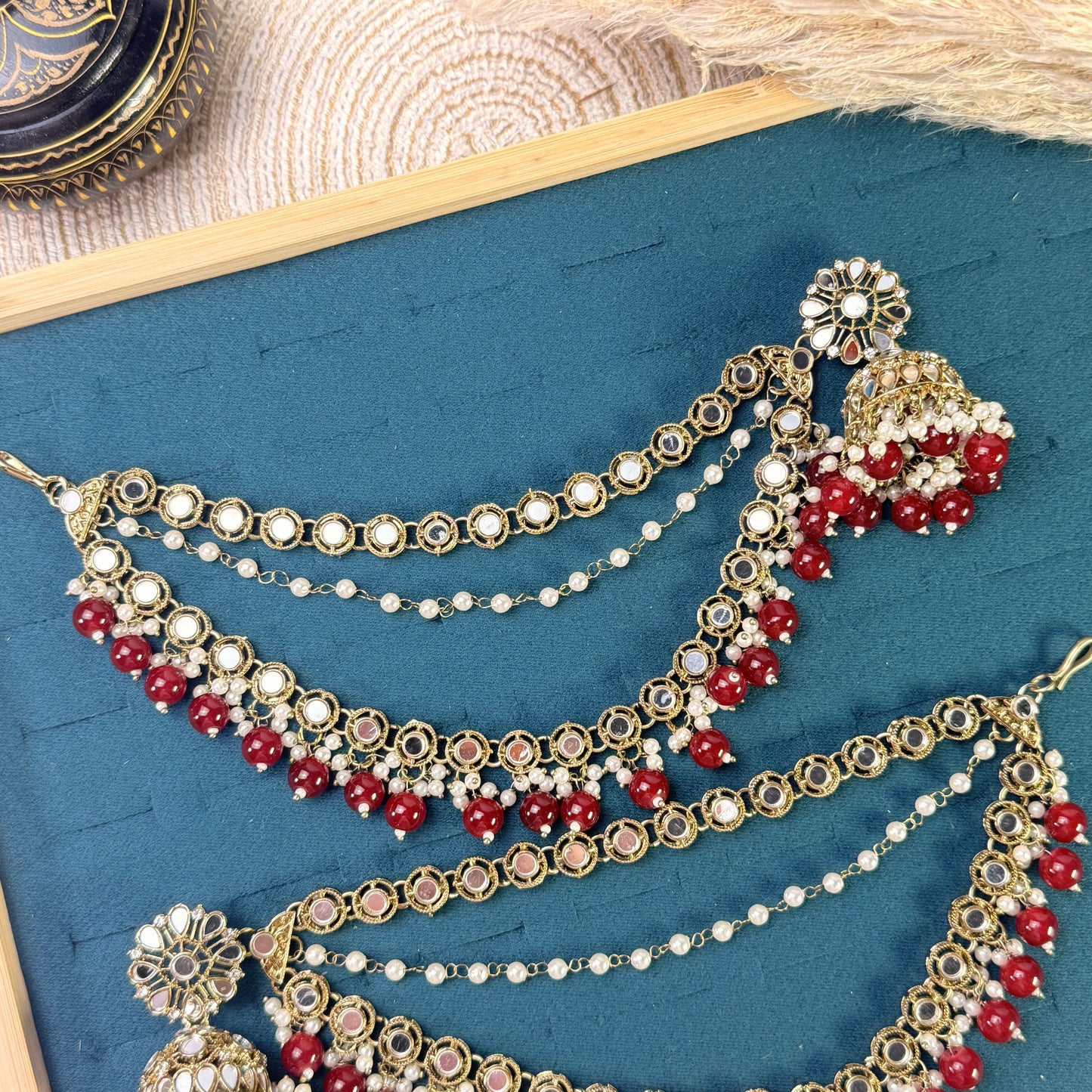 Maroon red layered Tikka Sahara Kundan Earrings