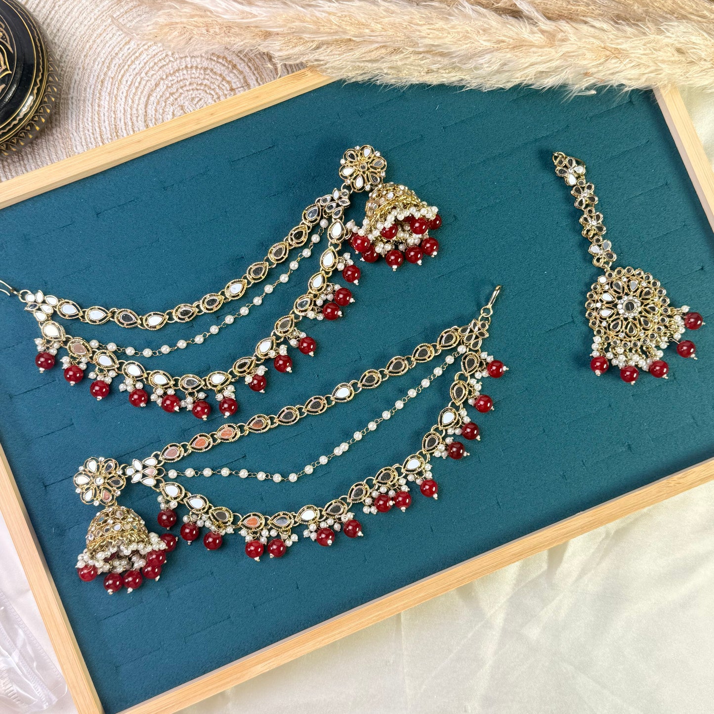 Teardrop maroon Tikka Sahara Kundan Earrings