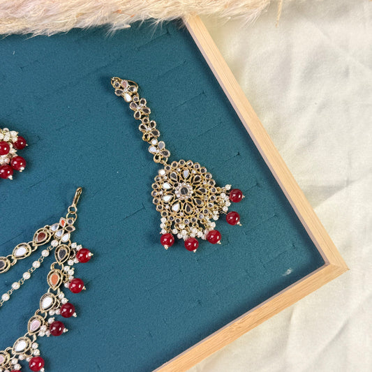 Teardrop maroon Tikka Sahara Kundan Earrings