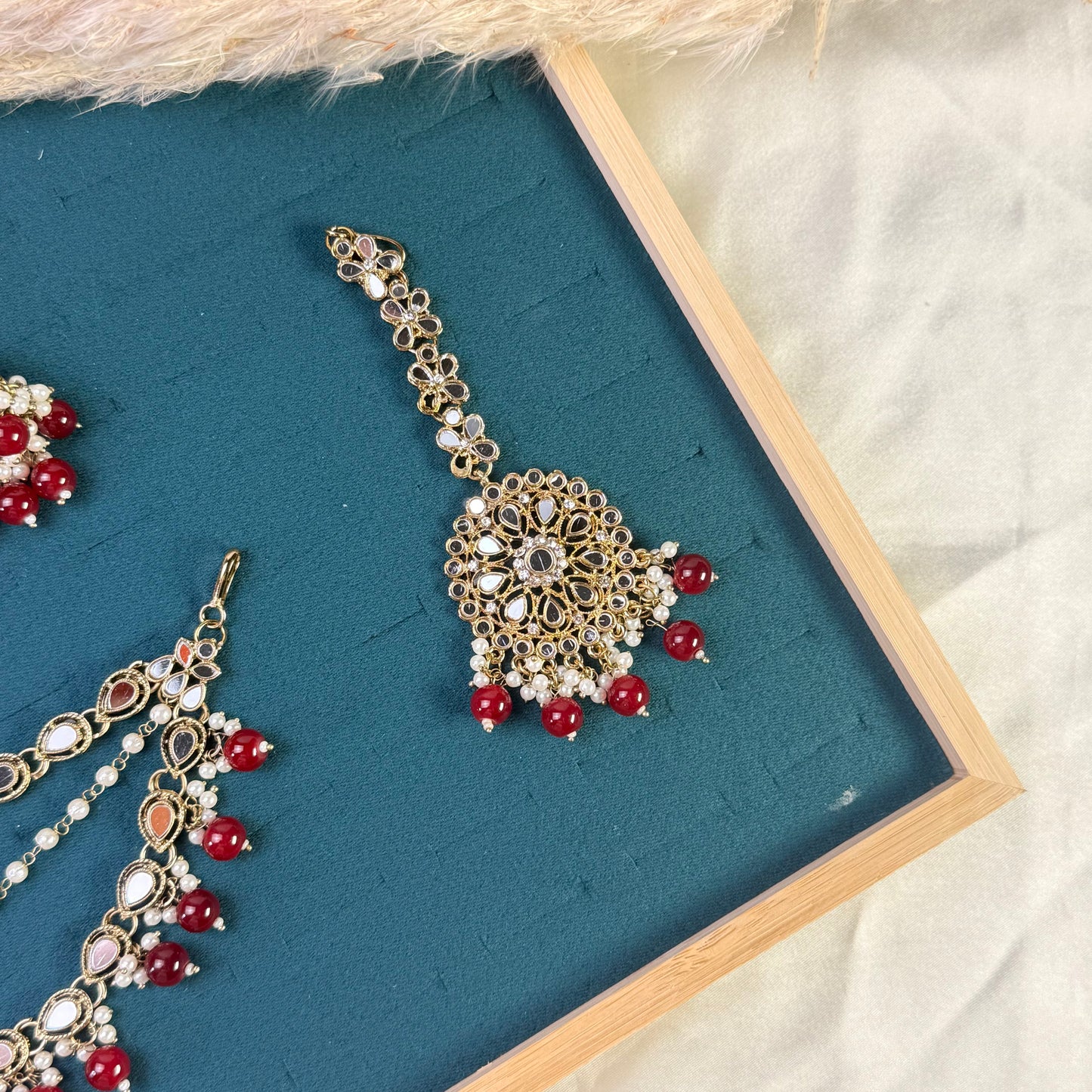 Teardrop maroon Tikka Sahara Kundan Earrings