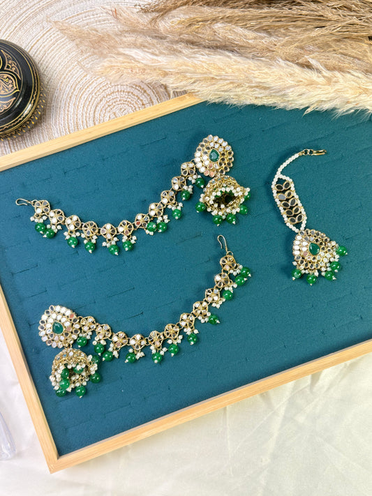 Vibrant green jhumka Tikka Sahara Kundan Earrings