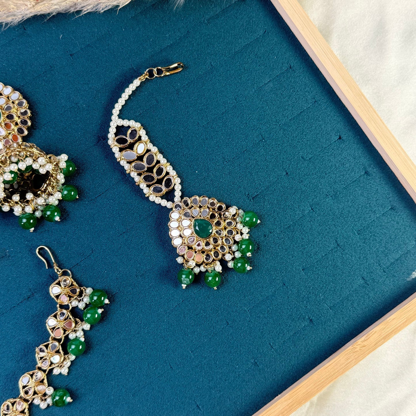Vibrant green jhumka Tikka Sahara Kundan Earrings