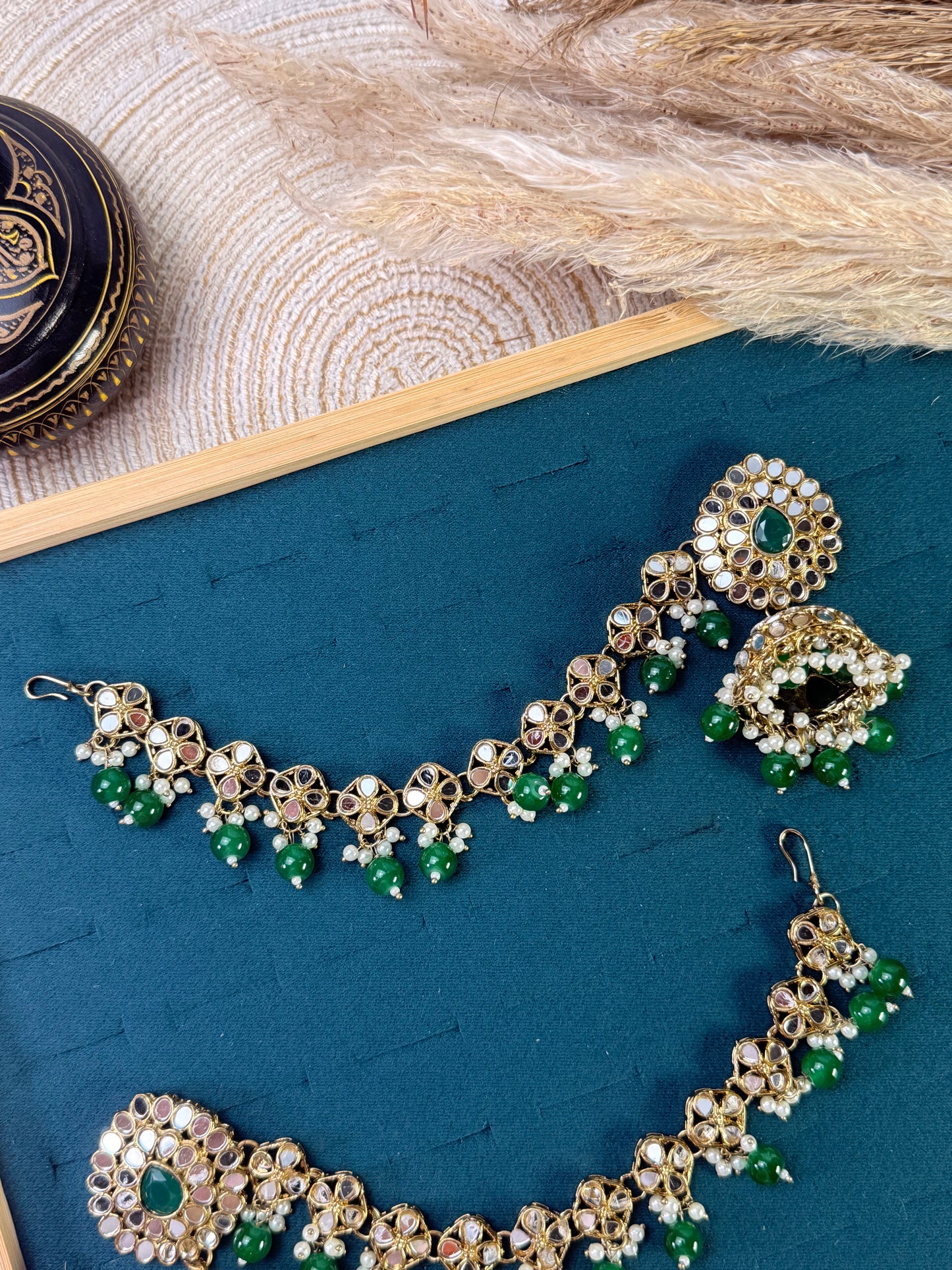 Vibrant green jhumka Tikka Sahara Kundan Earrings