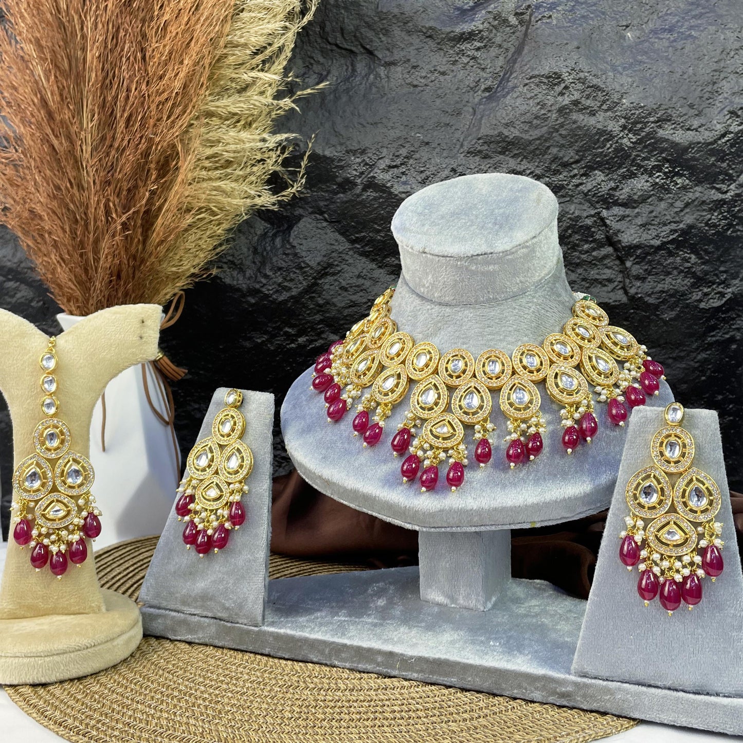 ROYAL TRI-TEARDROP FILIGREE KUNDAN NECKLACES