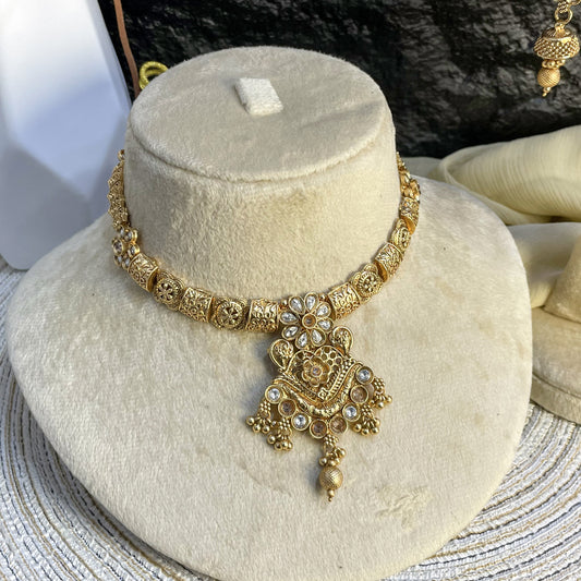 RAJWARI PETAL FILIGREE KUNDAN NECKLACE SET