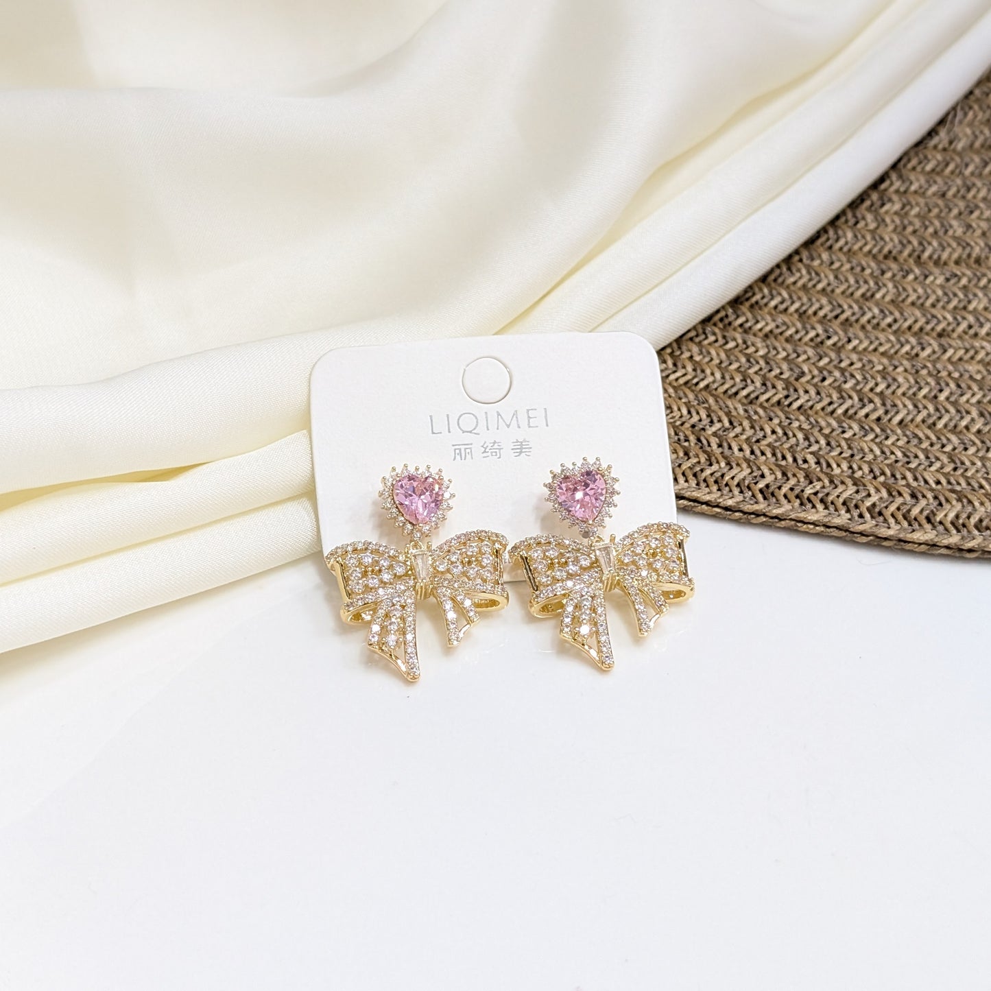 PINK HEART BOW EARRINGS